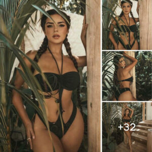 Demi Rose rocks her captivating dark green pattern swimsuit, leaving men breathless with her stunning style.