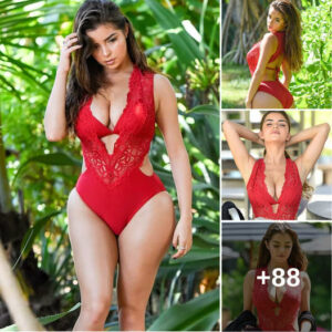 Demi Rose turning up the heat in this sizzling red lace swimsuit, making waves wherever she goes.