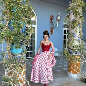 Demi Rose wows fans with cleavage red corset and checked princess dress Demi Rose wows fans with cleavage red corset and checked princess dress